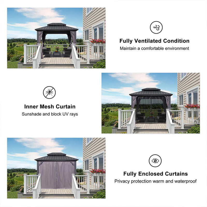 PURPLE LEAF Grey Hardtop Gazebo with Heavy Duty Galvanized Steel Double Roof with Netting and Curtains