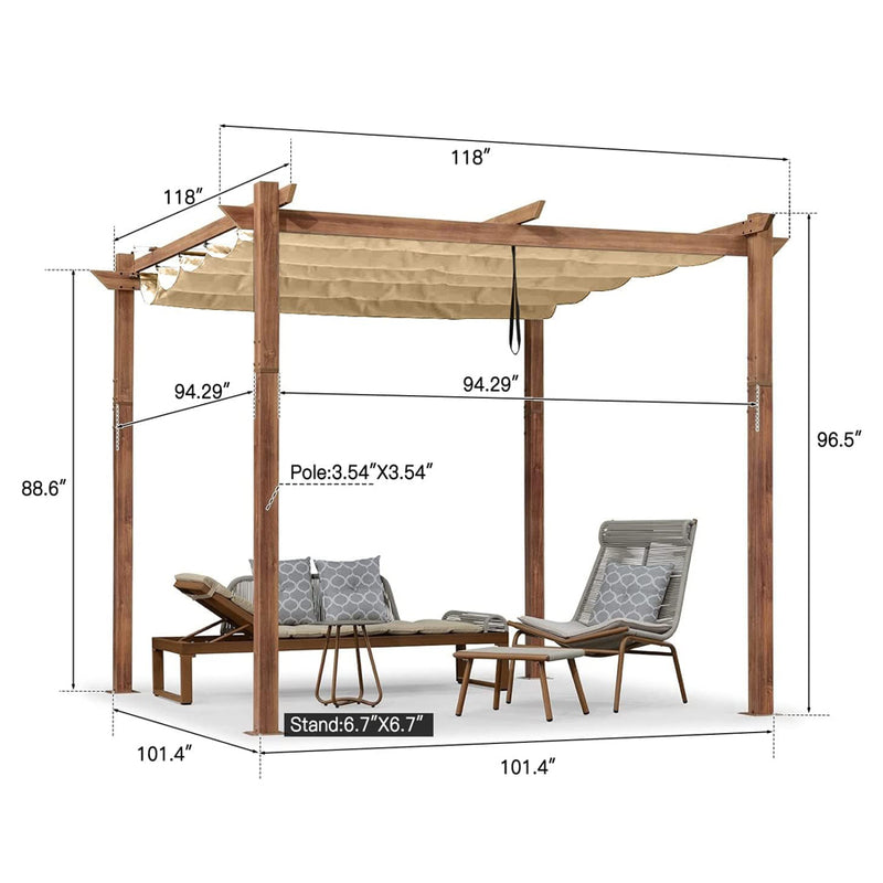 PURPLE LEAF Outdoor Retractable Pergola Natural Wood Grain Frame Grill Gazebo