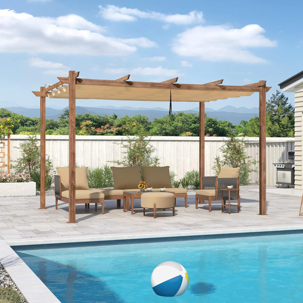 LEAF Outdoor Retractable Pergola Natural Wood Grain Frame Grill Gazebo