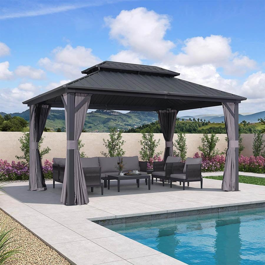LEAF Grey Hardtop Gazebo Heavy Duty Galvanized Steel Double Roof Netting Curtains