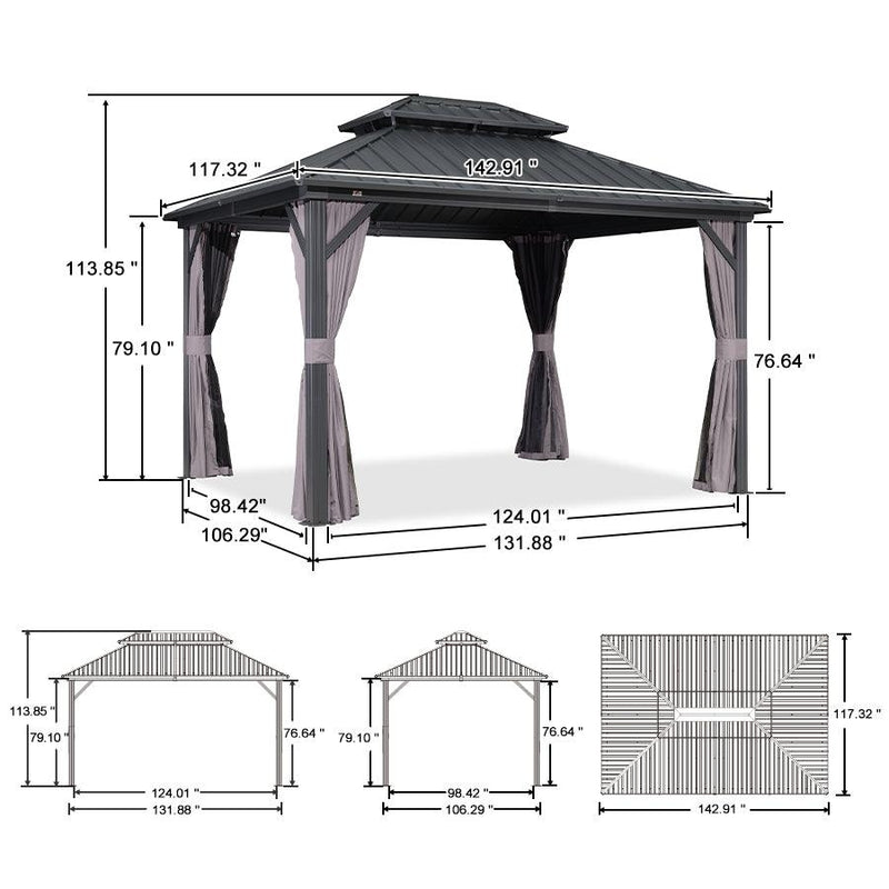 PURPLE LEAF Grey Hardtop Gazebo with Heavy Duty Galvanized Steel Double Roof with Netting and Curtains