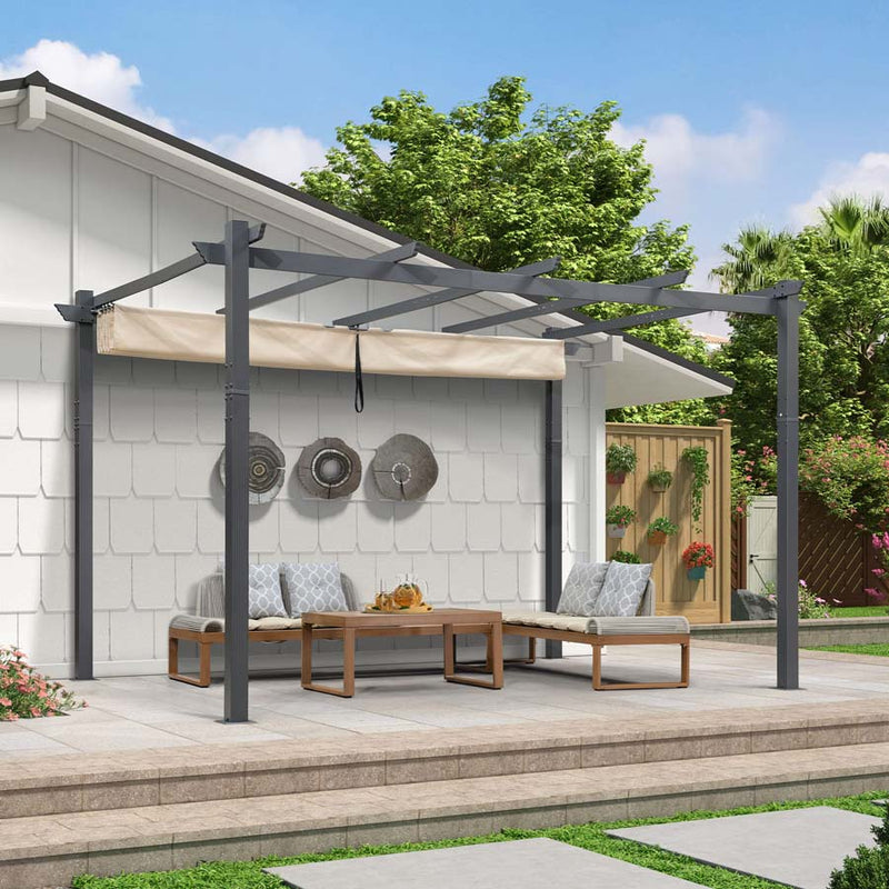 PURPLE LEAF 2.7*4M against Wall Outdoor Retractable Pergola Against The Wall with Shade Canopy Patio Aluminum Shelter for Porch Garden Pavilion Grill Gazebo Modern Backyard Metal Grape Trellis Pergola