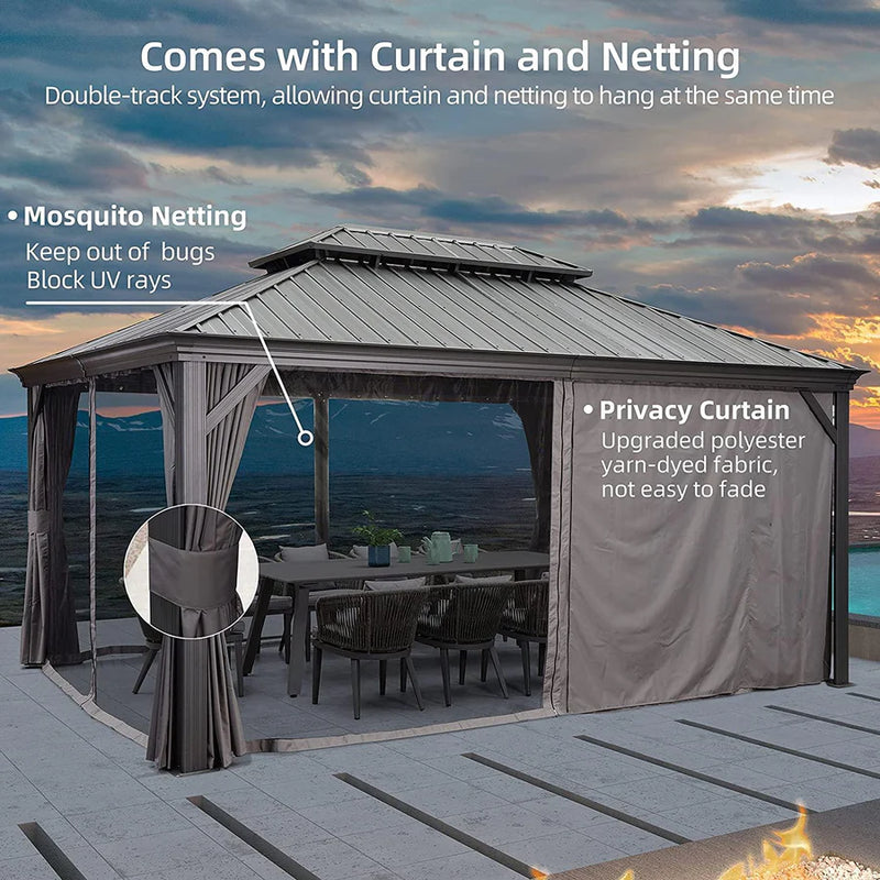 PURPLE LEAF 3.65 x 4.85 M Patio Gazebo for Backyard Grey Hardtop Galvanized Steel Roof Awning with Upgrade Curtain