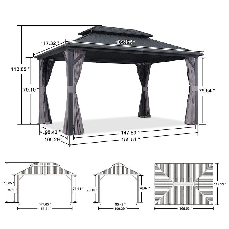 PURPLE LEAF Grey Hardtop Gazebo with Heavy Duty Galvanized Steel Double Roof with Netting and Curtains