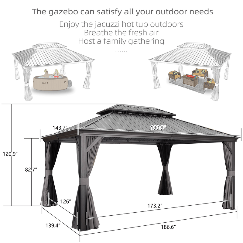 PURPLE LEAF Garden Gazebo  with Galvanized Steel Double Roof, Waterproof Gazebo with Sides Curtain and Netting for All Weather