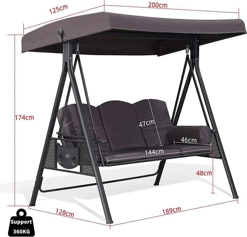 PURPLE LEAF Outdoor Swing Bench Bed Hammock With Adjustable Canopy, 2 Cup Holders, Grey Weather Resistant Steel Frame, Cushions and Pillow