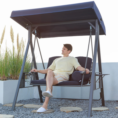 LEAF Outdoor Swing Bench Bed Hammock Adjustable Canopy 2 Cup Holders Grey Weather Resistant Steel Frame Cushions Pillow