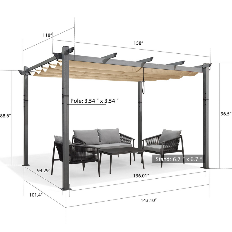 PURPLE LEAF Outdoor Retractable Wood Grain Pergola Patio Aluminum Pergola